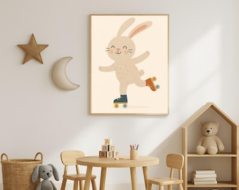 Impression de lapin en patins à roulettes – Art mural ludique pour chambre d'enfant (téléchargement numérique)