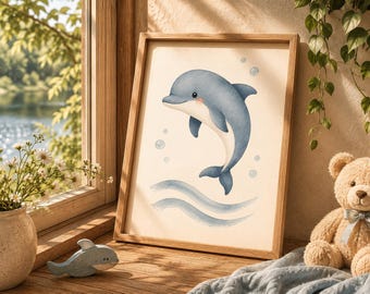 Dolphin Nursery Print, Watercolor Waves, Ocean Animal Art (Digital Download)
