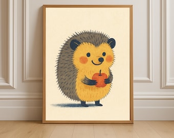 Hedgehog Nursery Print: Apple Animal Art, Kids Room Decor (Digital Download)