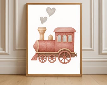 Red Train Nursery Print: Vintage Watercolor Locomotive Art (Digital Download)