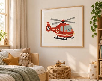 Lámina infantil con helicóptero de rescate, diseño de helicóptero médico rojo (descarga digital)