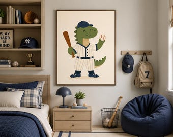 Baseball Dinosaur Nursery Art, Green Dino Sports Player Print (Digital Download)
