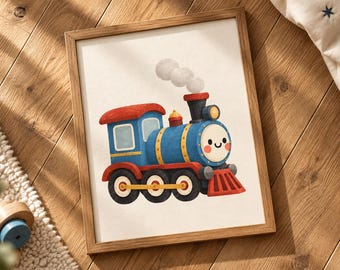 Cuadro decorativo de tren de vapor, lámina infantil de locomotora azul, lámina imprimible de tren kawaii
