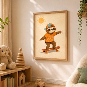 May include: A framed wall art print featuring a brown sloth wearing an orange patterned shirt and a blue and orange baseball cap, riding a red skateboard. A yellow sun is illustrated in the top left corner against a light beige background.