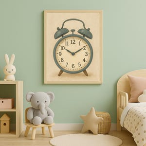 Vintage Alarm Clock Nursery Wall Art – Printable Retro Clock Poster for Kids&#39; Room Decor | Educational Toddler Room Poster