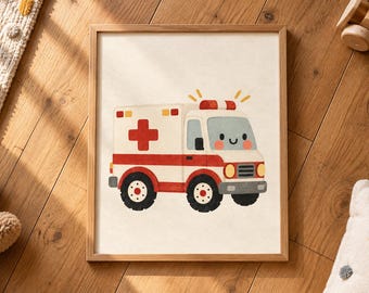 Decoración de pared con ambulancia, lámina para habitación infantil con vehículo de emergencia, lámina imprimible de ambulancia kawaii.