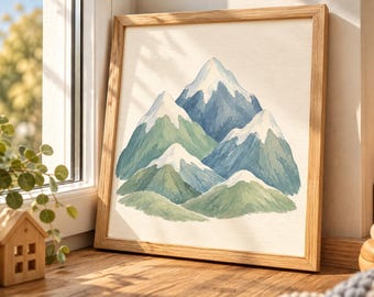 Cuadro de montaña para pared, lámina infantil de montañas nevadas, paisaje de montaña en acuarela.