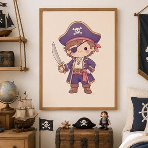 May include: A framed wall art print featuring a cartoon pirate character wearing a purple coat, a matching hat with a skull and crossbones emblem, and an eye patch, while holding a silver sword in a right hand against a light background.