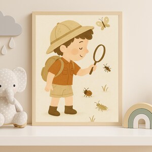 Może przedstawiać: Ilustracja młodego odkrywcy z lupą badającego owady. Grafika przedstawia chłopca w kapeluszu safari, koszuli i szortach, z plecakiem. Przedstawiono również motyla i kilka owadów.