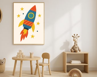 Rocket Ship Nursery Art Print – Space Theme Kids Room Decor (Instant Download)