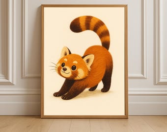 Playful Red Panda Nursery Print – Stretching Animal Art (Digital Download)