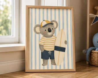 Surfing Koala Nursery Art Print, Coastal Animal Illustration (Digital Download)