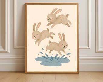 May include: A framed print featuring three cartoon rabbits jumping over a puddle. The rabbits are light brown with long ears and smiling faces. The puddle is blue, and the background is a light beige color. The frame is a warm brown.