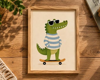 Skateboard Crocodile Nursery Print, Crocodile Wall Art Printable