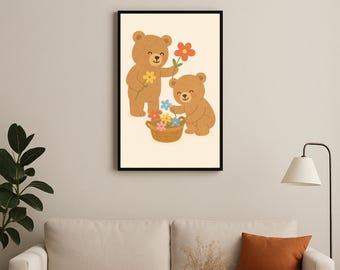 "Teddybär ""Blumen pflücken"" Kinderzimmer Bild (digitaler Download)"