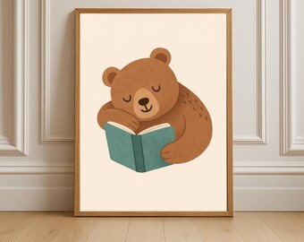 Reading Bear Nursery Print: Book Lover Kids Room Decor (Digital Download)