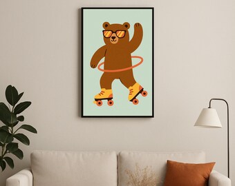 Lámina de oso patinando: Arte mural retro para habitación infantil y de juegos (descarga digital)