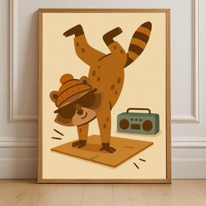 May include: A framed art print featuring a cartoon raccoon doing a handstand. The raccoon wears sunglasses and a beanie. A teal boombox sits nearby on a tan mat. The raccoon is brown with darker spots and a striped tail. The background is a light beige.