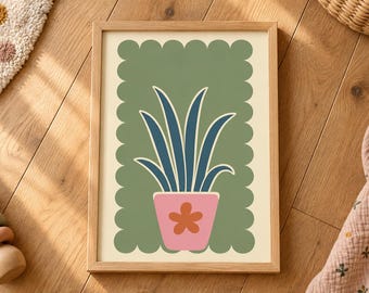 Estampado de maceta rosa, decoración infantil verde salvia, lámina botánica escandinava para habitación infantil.