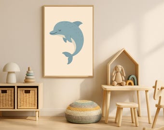 Smiling Dolphin Nursery Print – Pastel Ocean Animal Art (Digital Download)