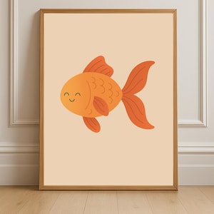 Happy Goldfish Wall Art – Orange Fish Nursery Print | Underwater Kids Room Decor | Digital Download