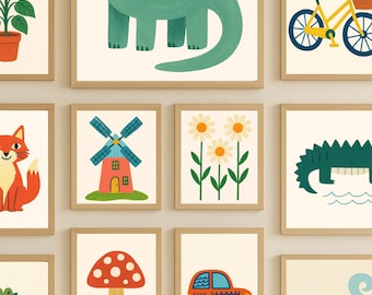 50+ Printable Kids Room Prints, Nursery Wall Art Print Bundle: Animals, Dinosaurs, Vehicles