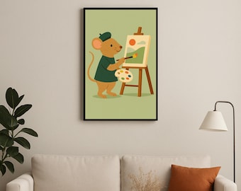 Maus Poster: Malerin mit Baskenmütze, Kinderzimmer Dekoration (Digitaler Download)