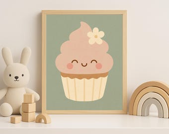 Smiling Cupcake Wall Art | Sweet Pastel Nursery Print | Digital Download for Kids