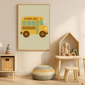 School Bus Wall Art Printable – Yellow Vehicle Nursery Decor – Transportation Poster for Kids Room
