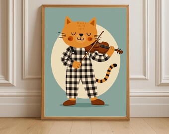 Lámina infantil de gato violín: Arte mural musical de animales (descarga digital)