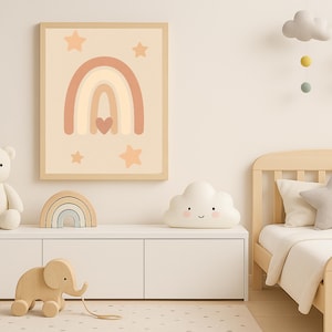 Neutral Rainbow Wall Art | Boho Pastel Nursery Print | Digital Download Baby Room Decor with Stars and Heart