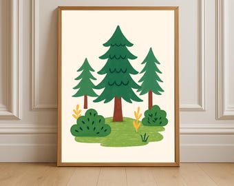 Forest Nursery Wall Art: Retro Evergreen Trees Print (Instant Download)