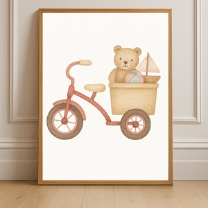 Watercolor Teddy Bear Tricycle Print: Vintage Nursery Art (Digital Download)