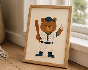 Baseball Bear Nursery Print, Sports Animal Illustration (Digital Download)