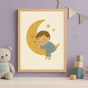 Sleeping Baby on Moon Wall Art | Dreamy Nursery Printable | Digital Download