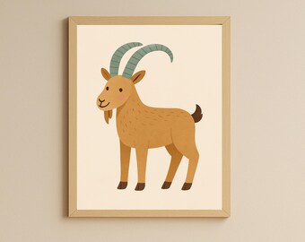 Lámina infantil de cabra montés: Ilustración de animal con cuernos de cerceta (descarga digital)