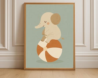 Arte mural de elefante bebé: Animal de circo imprimible neutro para guardería / Póster digital relajante de elefante