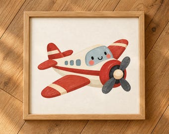 Decoración de pared con aviones, lámina infantil con avión de hélice roja, lámina imprimible de avión kawaii.