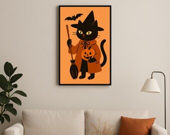 Black Cat Witch Halloween Print: Broom, Pumpkin, Nursery Decor (Digital Download)