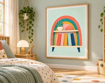 Rainbow Bookshelf Wall Art, Colorful Nursery Print, Kids Reading Corner Decor