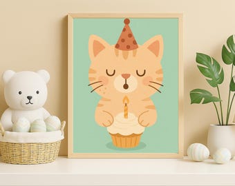 May include: A framed illustration of a cartoon cat wearing a party hat and holding a cupcake with a lit candle. The cat is orange with brown stripes, set against a light green background. The frame is light brown.