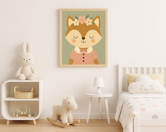 Floral Fox Nursery Print: Pastel Woodland Animal Art (Digital Download)