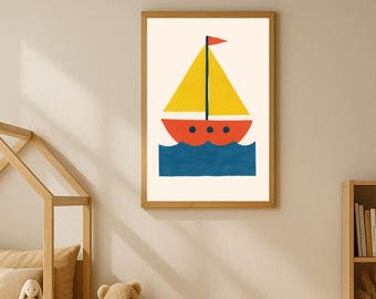 Sailboat Nursery Print, Retro Coastal Wall Art (Instant Download)