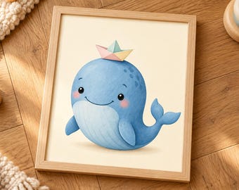 Whale Wall Art, Blue Whale Nursery Print, Paper Boat Kids Room Decor