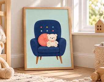 Bear Chair Wall Art, Cozy Nursery Printable, Kids Reading Nook Decor