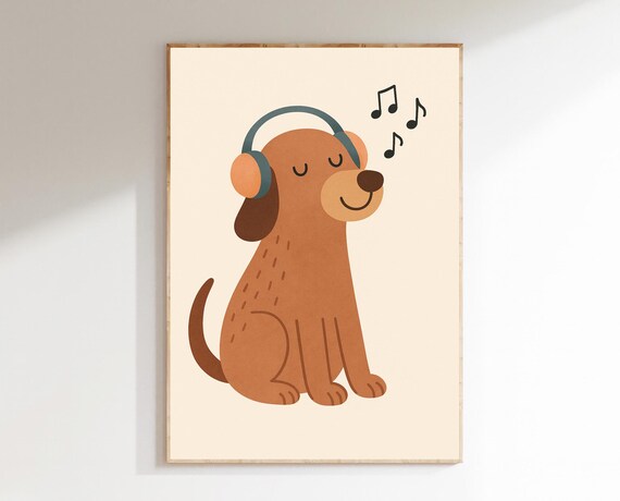 Music-loving Dog Nursery Wall Art – Headphone Dog Print – Puppy