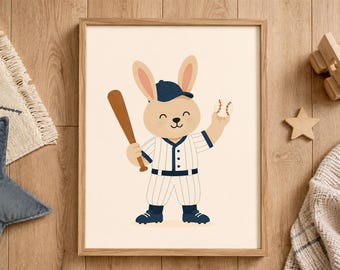 Baseball Bunny Nursery Print, Sports Animal Art, Neutral Palette (Digital Download)