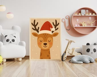 Christmas Reindeer Print | Santa Hat Holiday Nursery Decor (Digital Download)