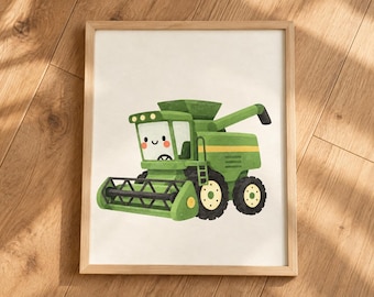 Cuadro decorativo de cosechadora, lámina para habitación infantil con temática de granja, lámina imprimible de cosechadora verde.