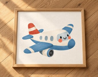 Lámina decorativa de avión azul para pared, lámina infantil de avión, lámina imprimible de avión de pasajeros kawaii.